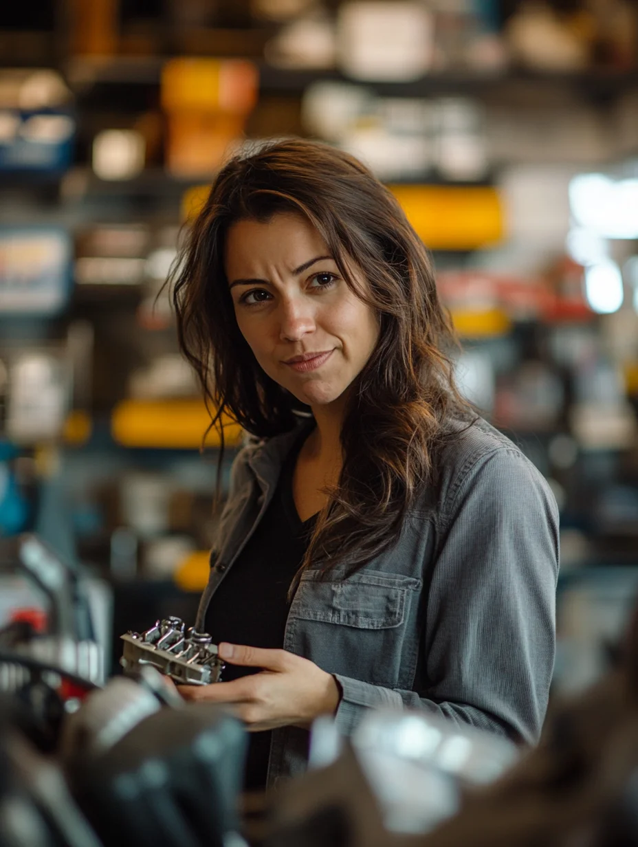 American woman at auto parts counter using iou loan for car repair expenses