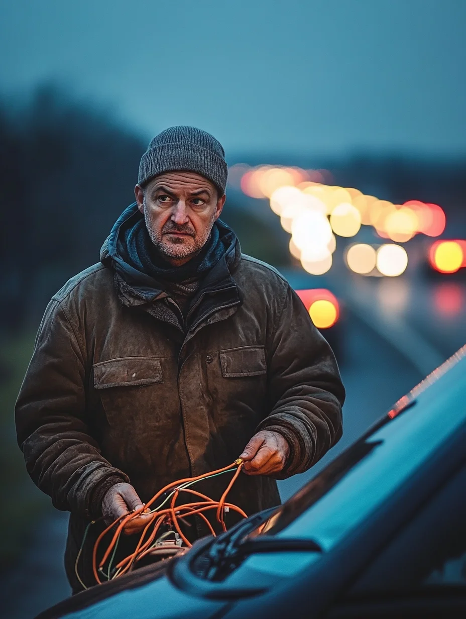 American man on roadside with iou loan funded car repair in progress