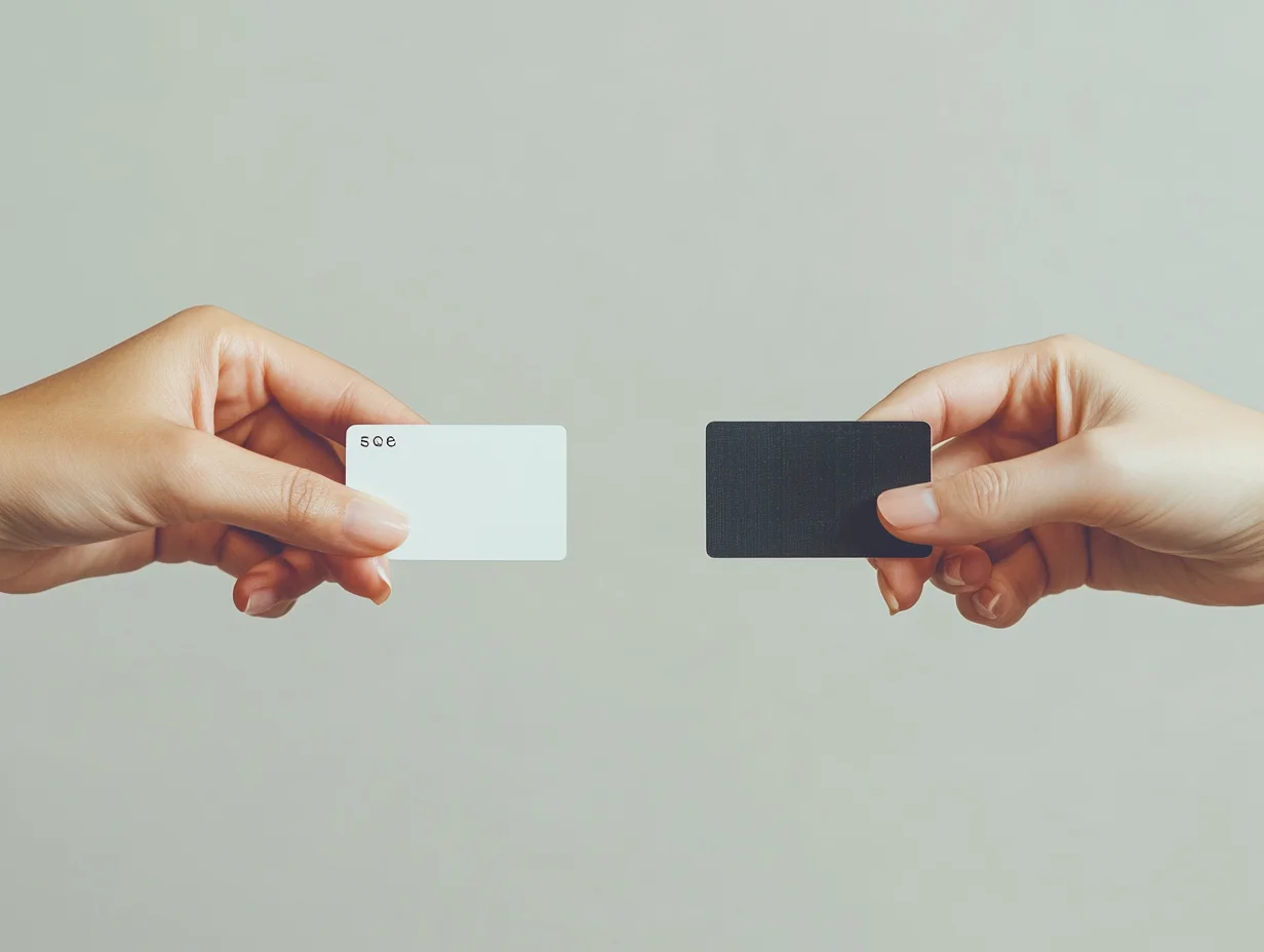 Two hands each holding different payment cards — iou loans comparison