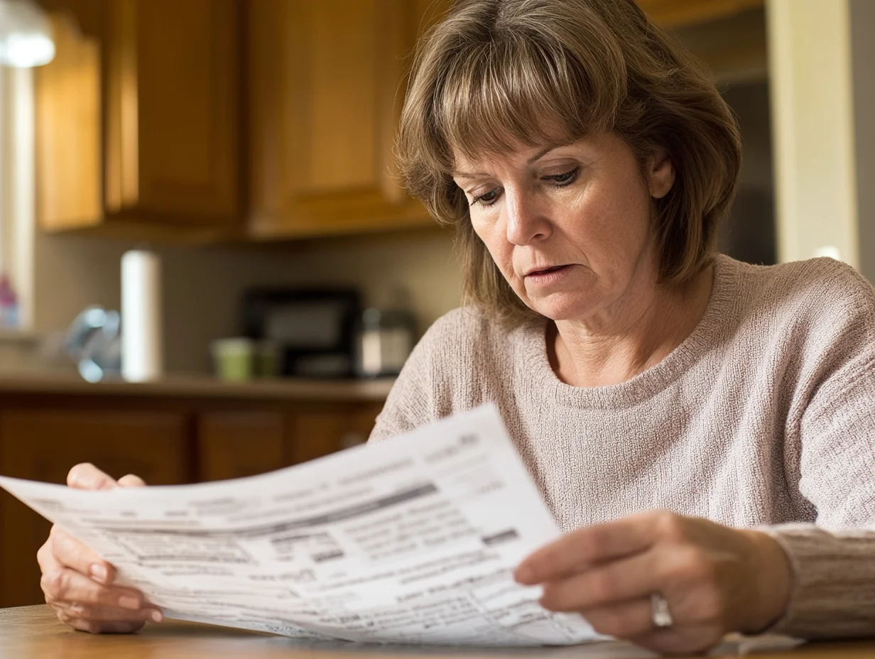American woman reviewing hospital bill covered by iou financial loan