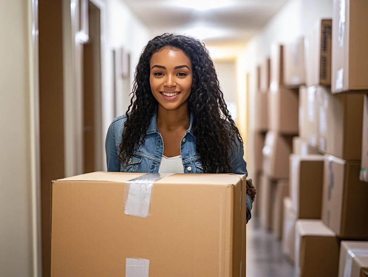 American woman taping moving box funded by iou moving loan