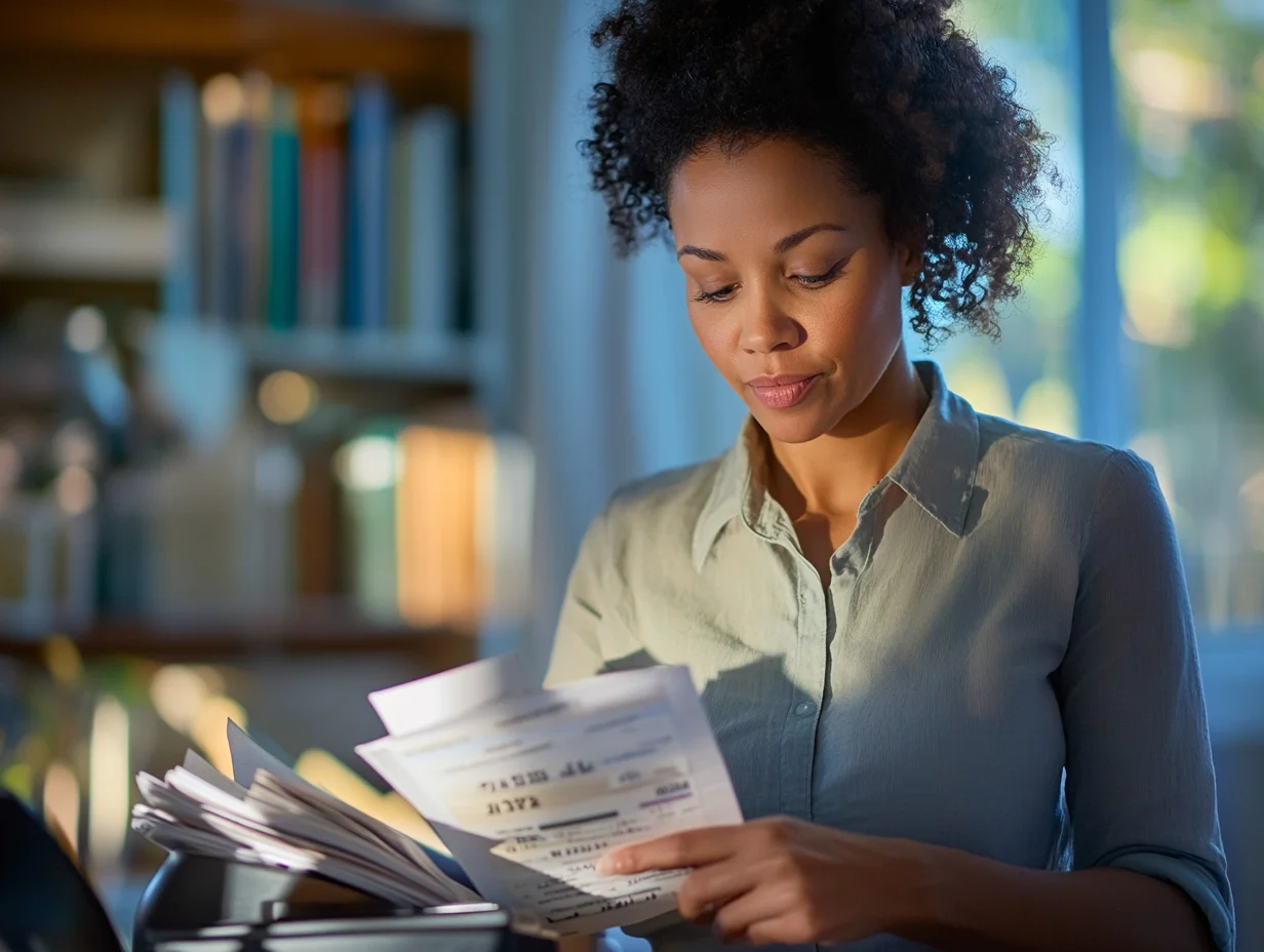 American woman shredding debt statements using iou loan for consolidation