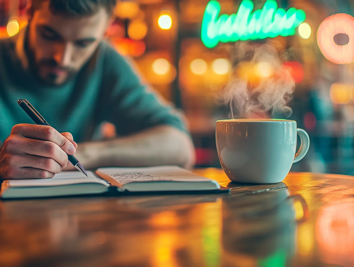 American man writing in notebook at cafe — iou financial blog and loan guides