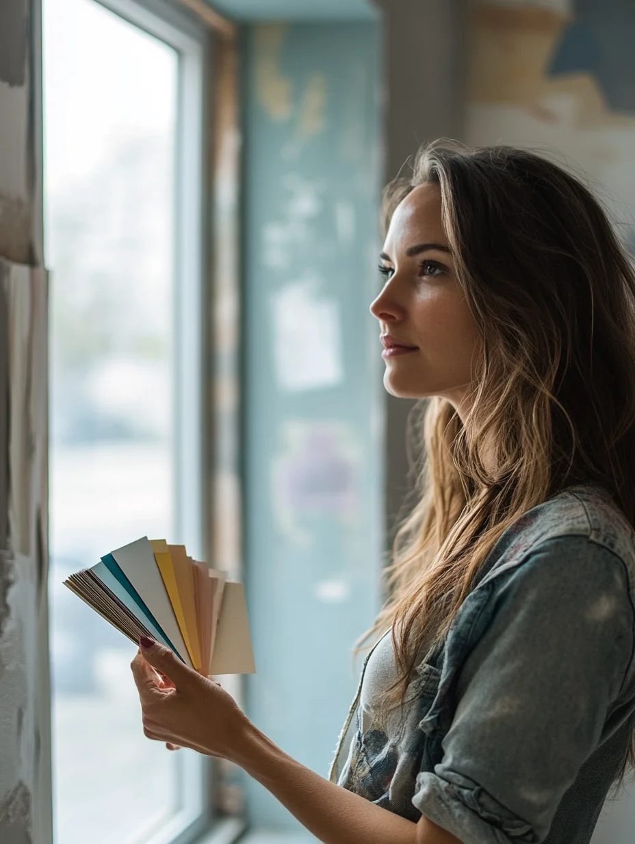 American woman holding paint swatches funded by iou home improvement loan for renovation