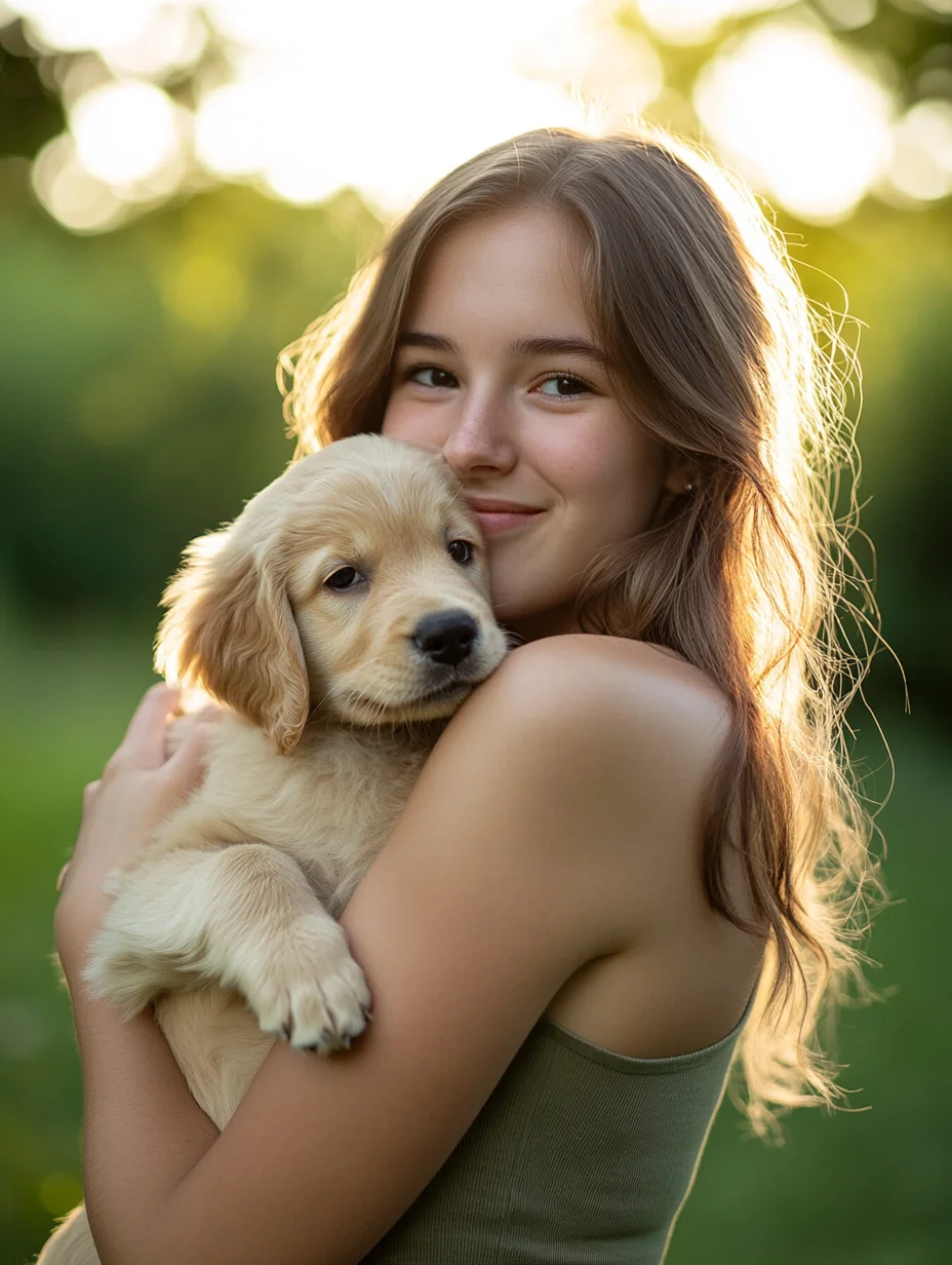 American woman with golden retriever funded by iou financial pet loan for veterinary care
