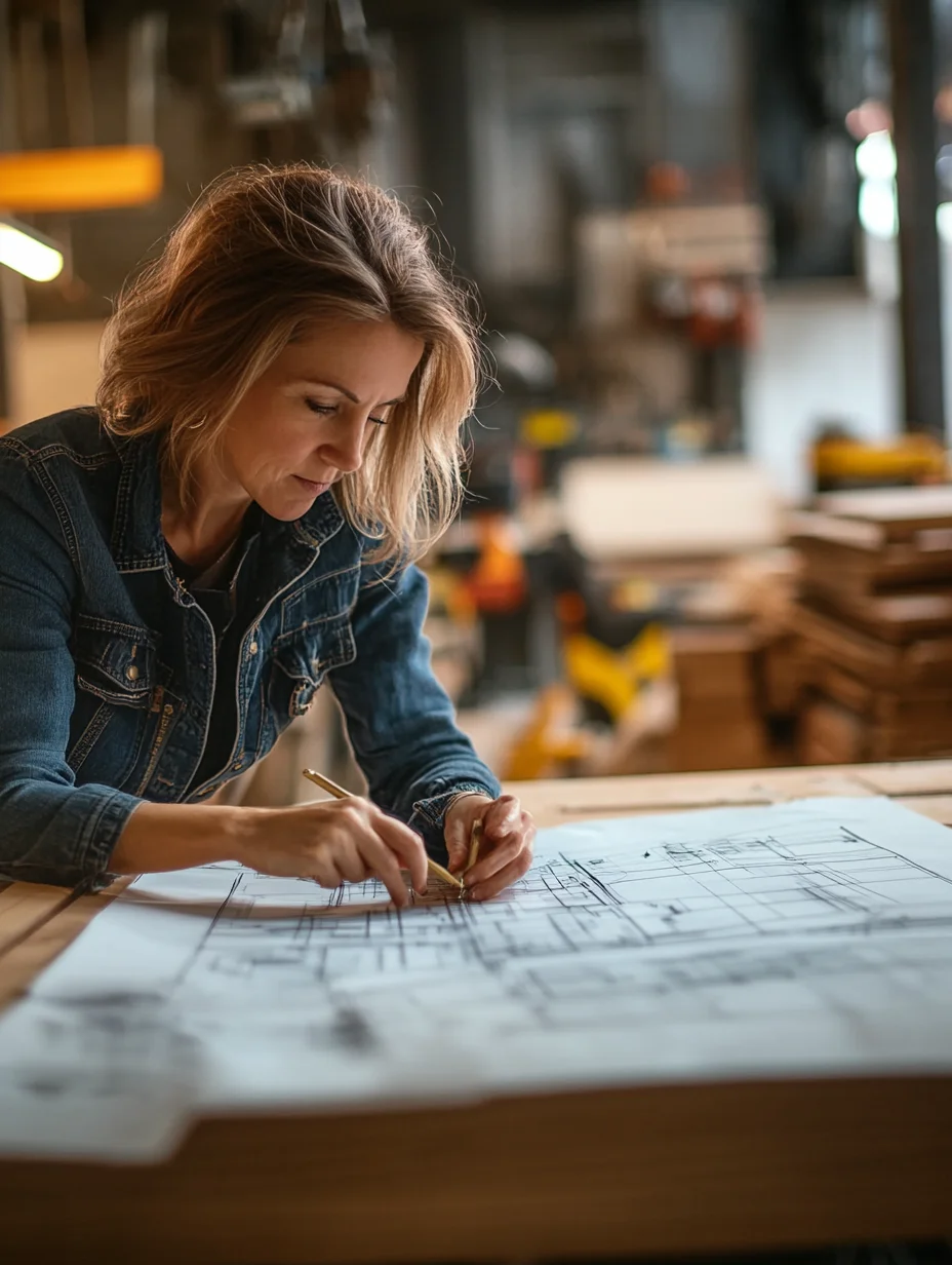 American woman reviewing home renovation blueprints with iou loan funded project planning